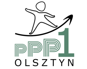 PPP 1 - Poradnia Psychologiczno-Pedagogiczna Numer jeden - logo poradni, zielono-czarne litery, strzałka w górę z emotką surfera