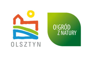 logo Olsztyna - OLsztyn Ogród z natury napis na zielonym tle w kształcie liścia;