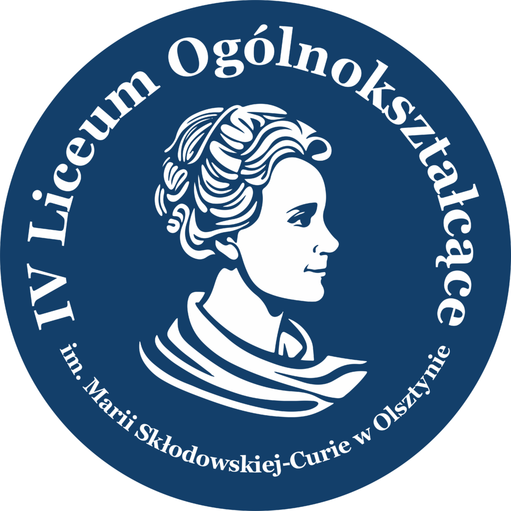 logo IV Liceum Ogólnokształcącego im. Marii Skłodowskiej-Curie w Olsztynie niebieskie tło nazwa szkoły w okręgu w środku Patronka M. Skłodowska-Curie