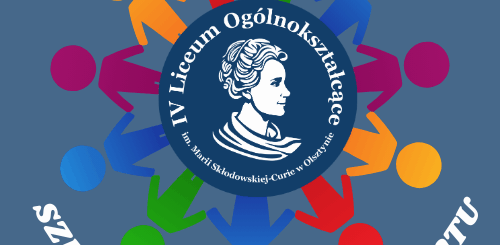 logo Szkolnego Klubu Wolontariatu IV Liceum, przedstawiające logo szkoły, kolorowe, graficzne przedstawienie postaci wokół loga szkoły i napis Szkolny Klub Wolontariatu.