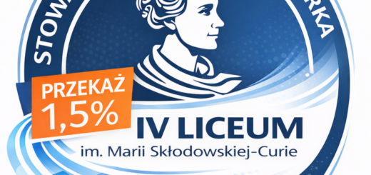 Stowarzyszenie Pro-Czórka, przekaż 1,5 procent podatku, IV Liceum imienia Marii Skłodowskiej-Curie, KRS 0000270261. Niebieskie logo, 1,5 procent na pomarańczowym tle.