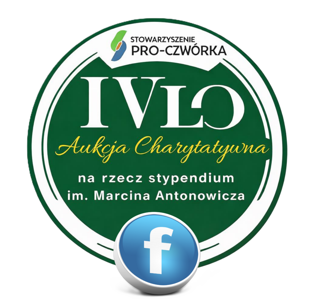Aukcja charytatywna na rzecz stypendium imienia Marcina Antonowicza, logo aukcji, kolor zielony oraz logo Facebooka.